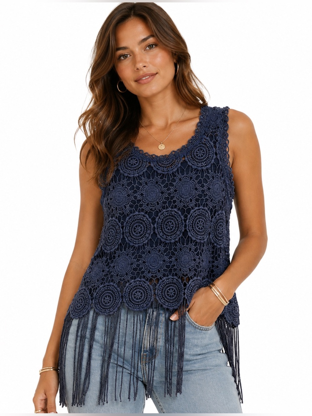 Gimmicks By BKE Boho Navy Crochet Fringe Tank S Festival Hippie Lace Sleeveless